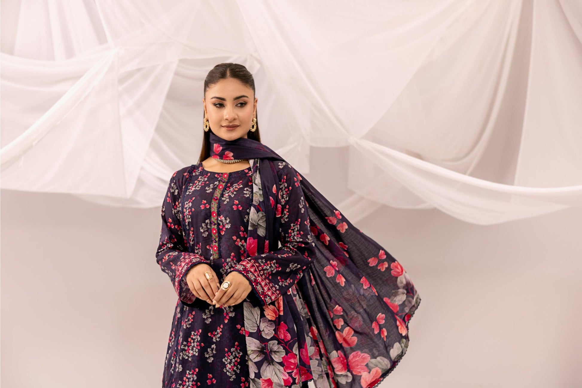Printed Navy Blue Lawn 3 Piece Suit | Intekhab | Design 11