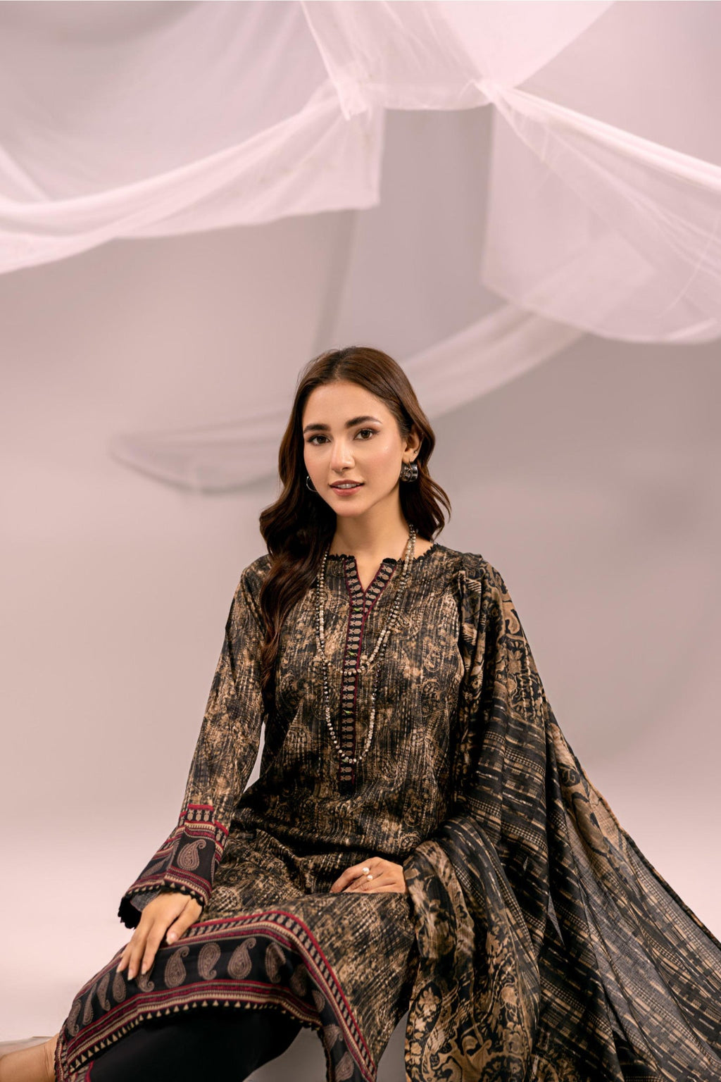 Printed Brown Lawn 3 Piece Suit | Intekhab | Design 03