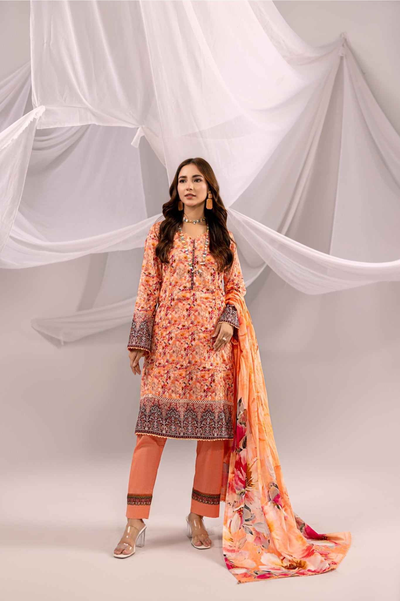 Printed Peach Lawn 3 Piece Suit | Intekhab | Design 04