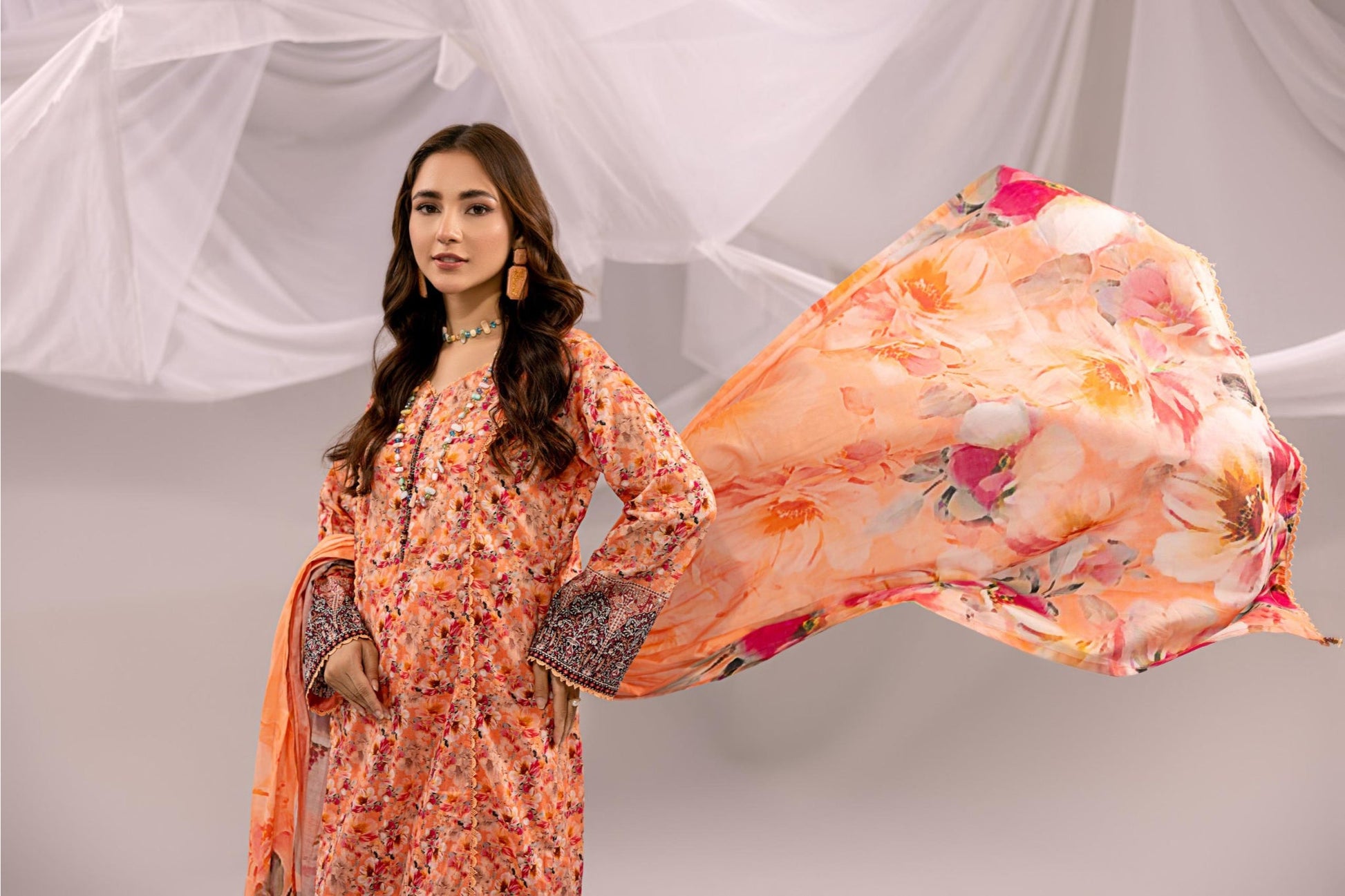 Printed Peach Lawn 3 Piece Suit | Intekhab | Design 04
