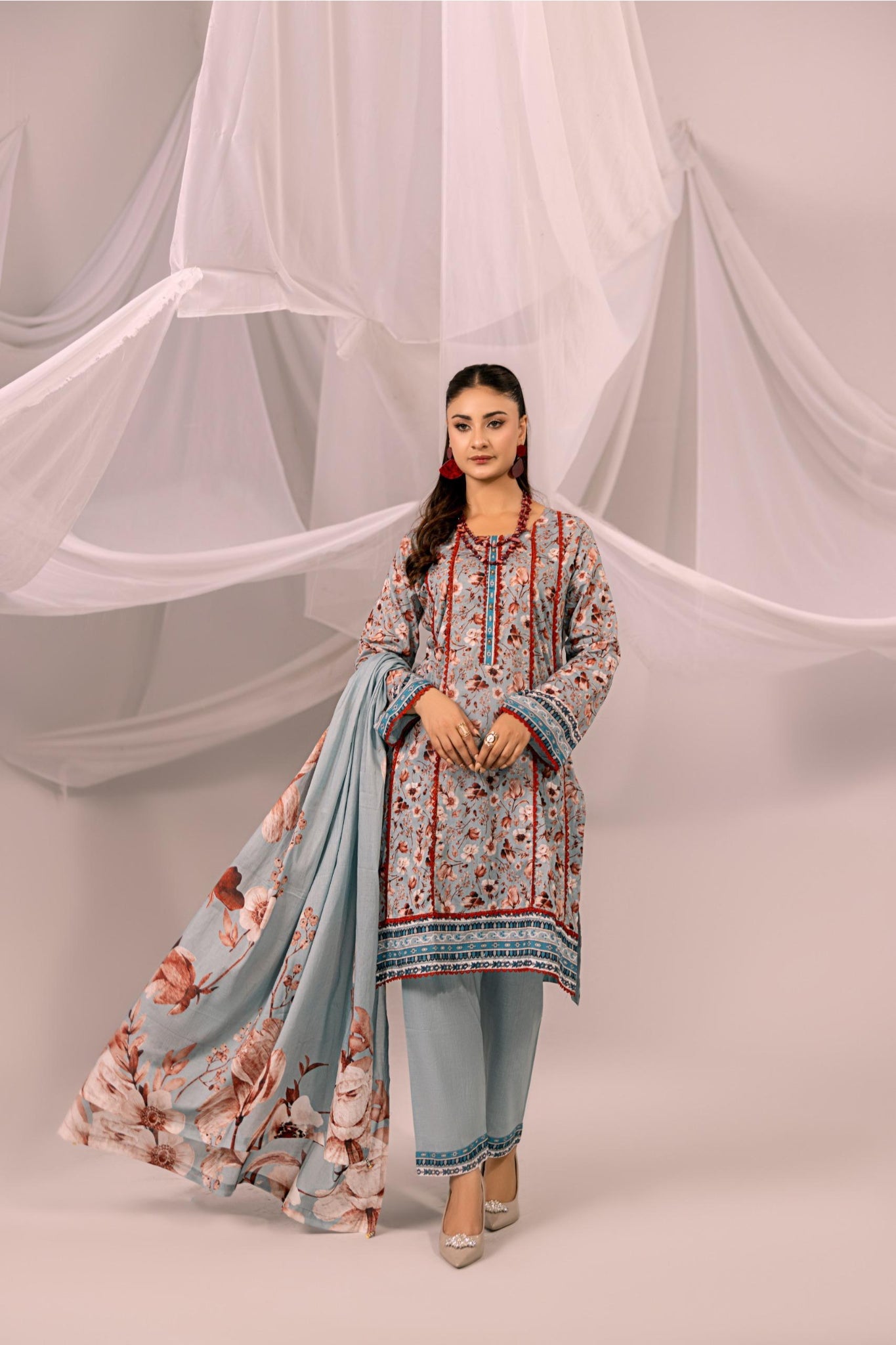 Printed Blue & Rust Lawn 3 Piece Suit | Intekhab | Design 05