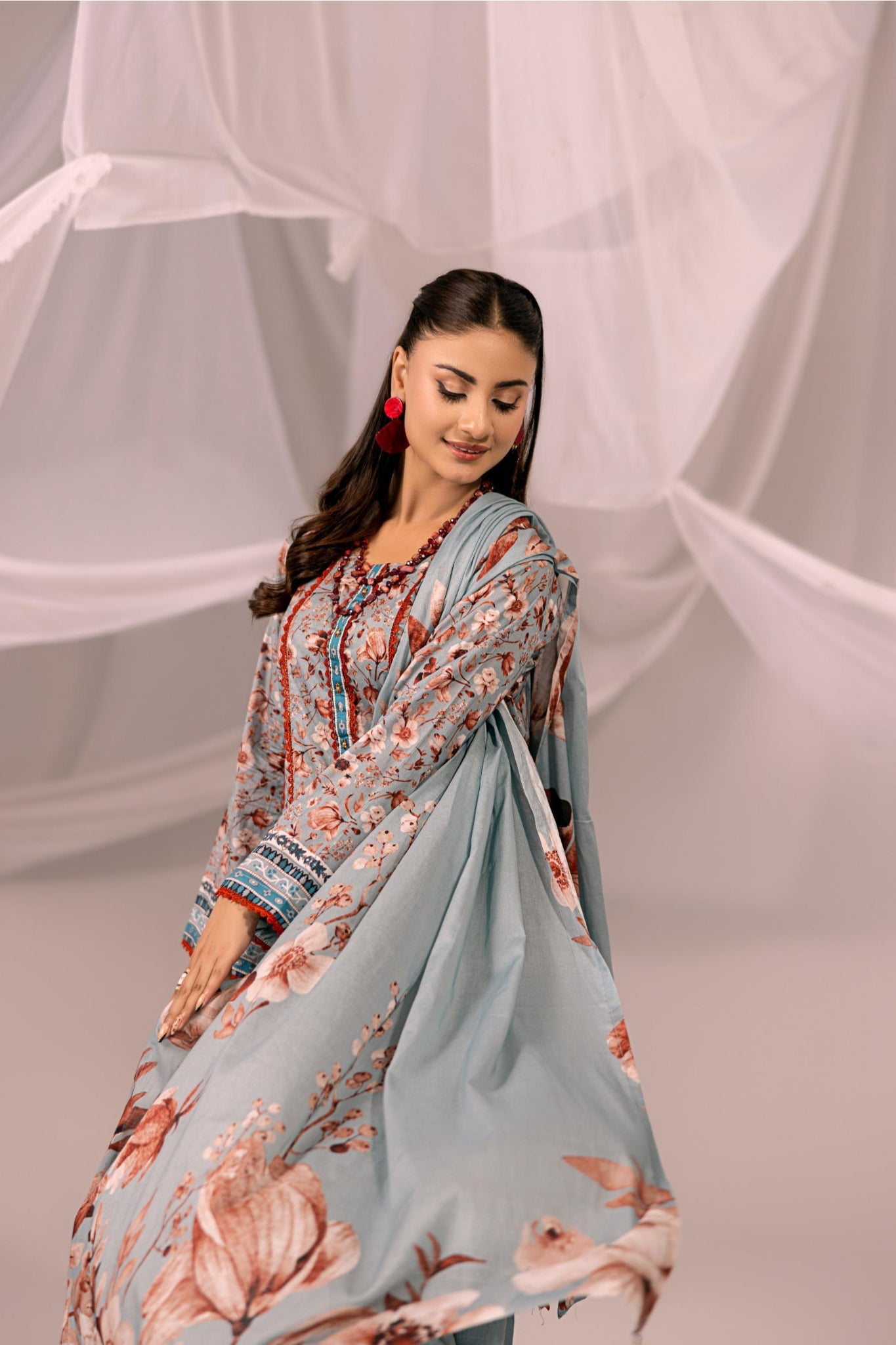 Printed Blue & Rust Lawn 3 Piece Suit | Intekhab | Design 05