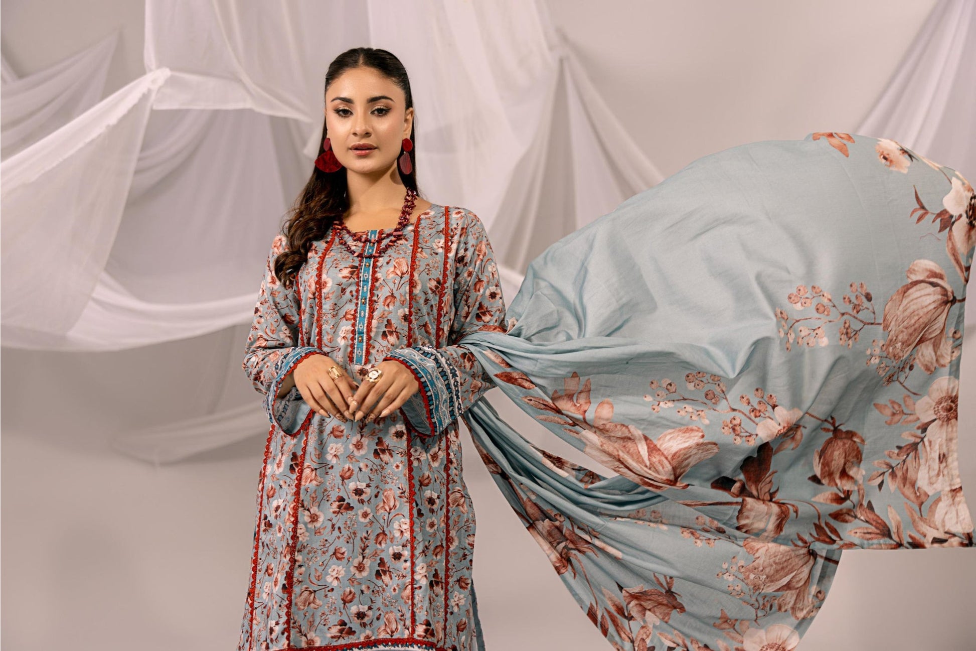 Printed Blue & Rust Lawn 3 Piece Suit | Intekhab | Design 05
