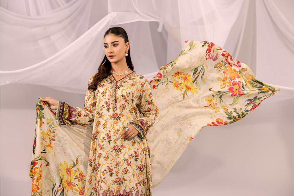 Printed Cream Floral Lawn 3 Piece Suit | Intekhab | Design 06