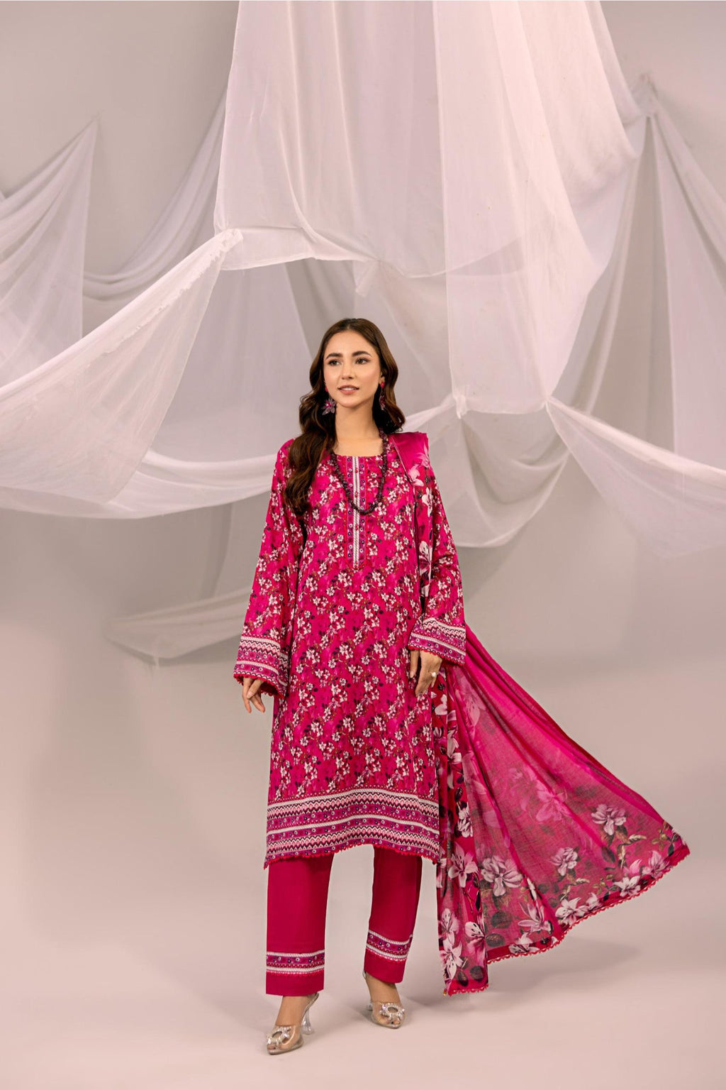 Printed Hot Pink Lawn 3 Piece Suit | Intekhab | Design 08