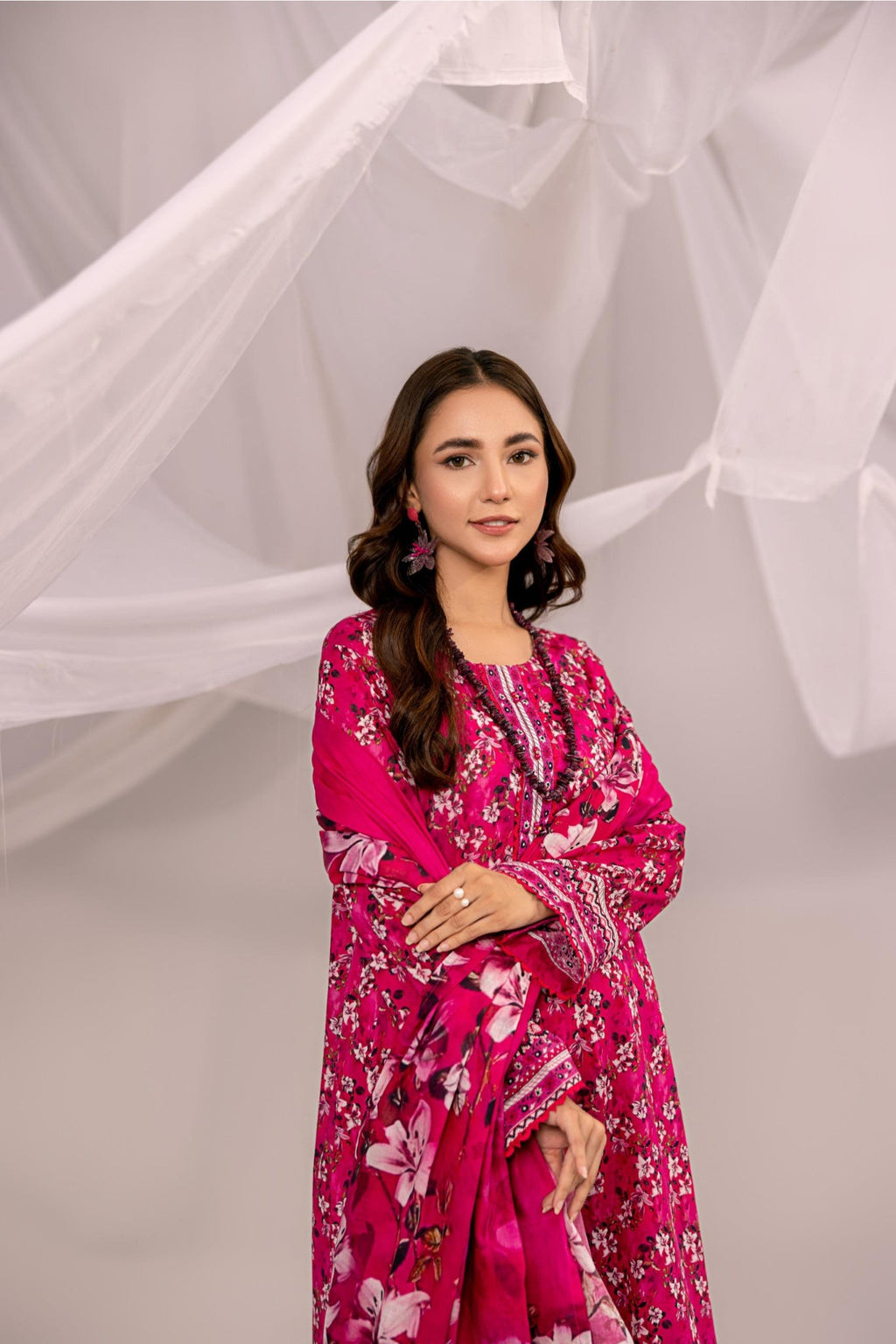 Printed Hot Pink Lawn 3 Piece Suit | Intekhab | Design 08