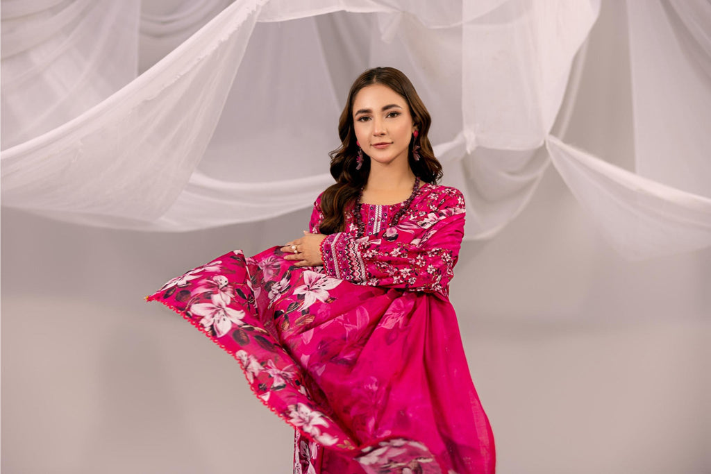 Printed Hot Pink Lawn 3 Piece Suit | Intekhab | Design 08