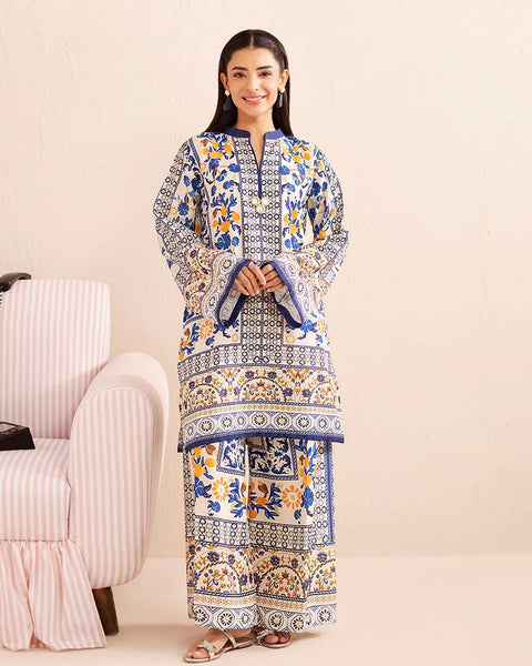 Printed Blue & Yellow Silk Lawn 2 Piece Co-Ord | Essentials | ESS02