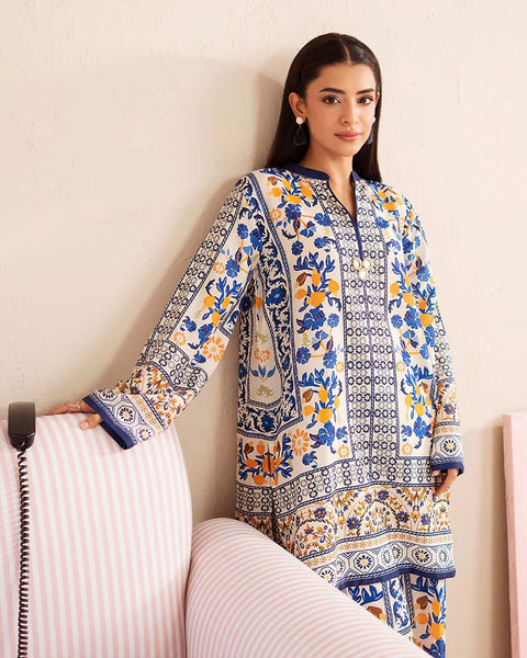 Printed Blue & Yellow Silk Lawn 2 Piece Co-Ord | Essentials | ESS02