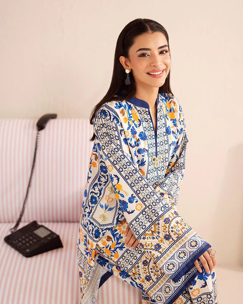 Printed Blue & Yellow Silk Lawn 2 Piece Co-Ord | Essentials | ESS02