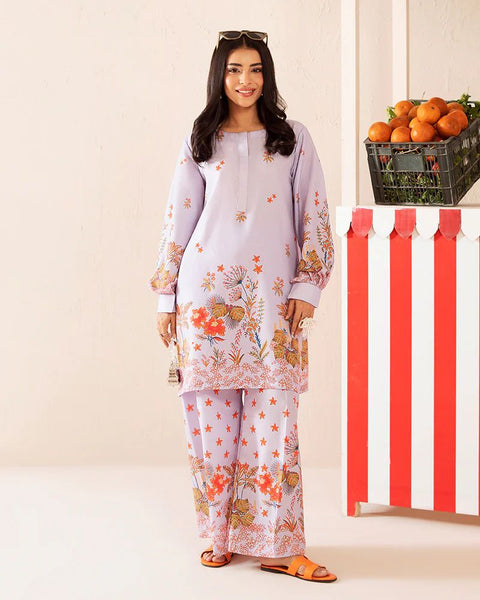 Printed Lilac & Coral Silk Lawn 2 Piece Co-Ord | Essentials | ESS03