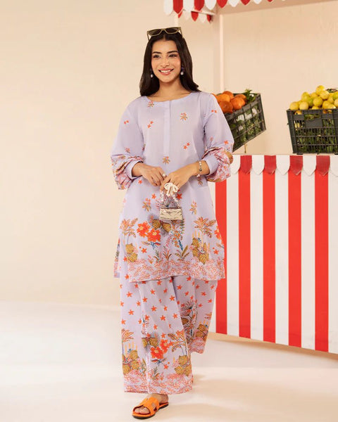 Printed Lilac & Coral Silk Lawn 2 Piece Co-Ord | Essentials | ESS03