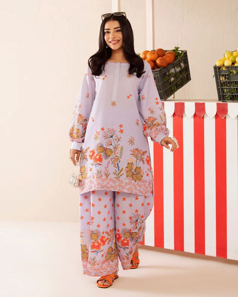Printed Lilac & Coral Silk Lawn 2 Piece Co-Ord | Essentials | ESS03
