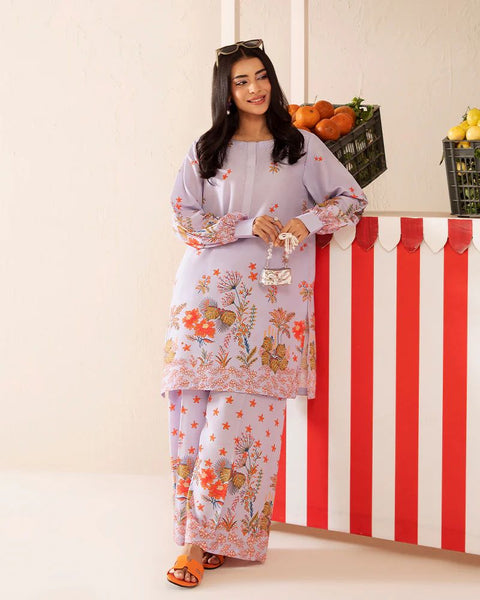 Printed Lilac & Coral Silk Lawn 2 Piece Co-Ord | Essentials | ESS03