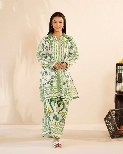 Printed White & Green Silk Lawn 2 Piece Co-Ord | Essentials | ESS04