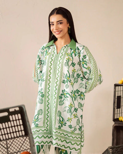 Printed White & Green Silk Lawn 2 Piece Co-Ord | Essentials | ESS04
