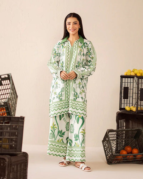 Printed White & Green Silk Lawn 2 Piece Co-Ord | Essentials | ESS04