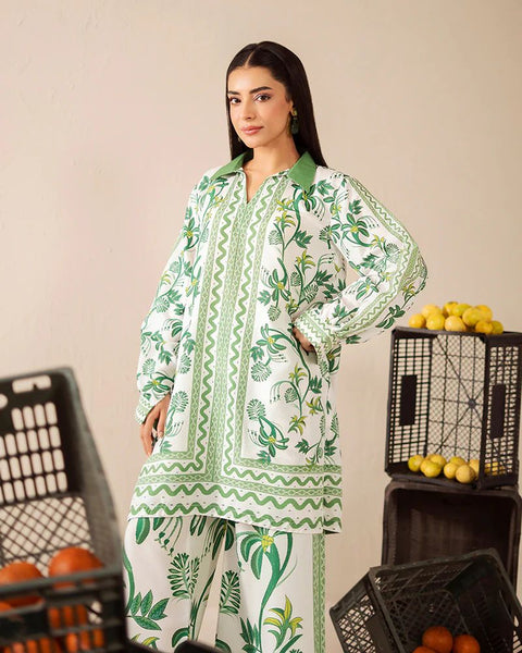 Printed White & Green Silk Lawn 2 Piece Co-Ord | Essentials | ESS04