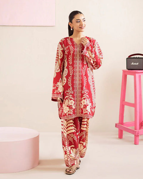 Printed Deep Red & Beige Silk Lawn 2 Piece Co-Ord | Essentials | ESS05
