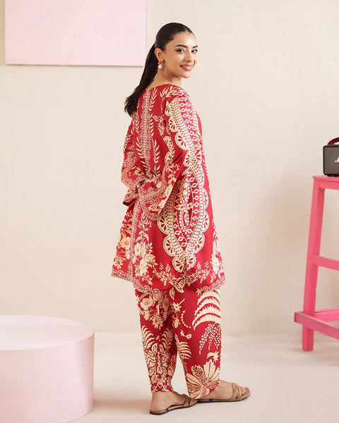 Printed Deep Red & Beige Silk Lawn 2 Piece Co-Ord | Essentials | ESS05