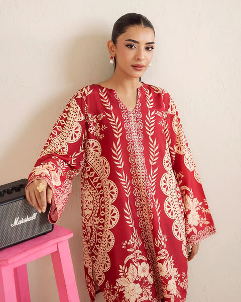 Printed Deep Red & Beige Silk Lawn 2 Piece Co-Ord | Essentials | ESS05