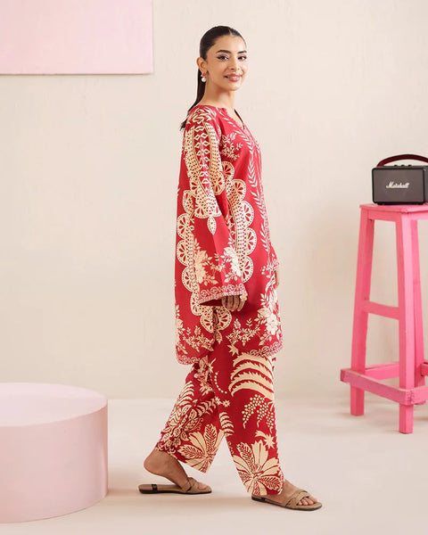 Printed Deep Red & Beige Silk Lawn 2 Piece Co-Ord | Essentials | ESS05