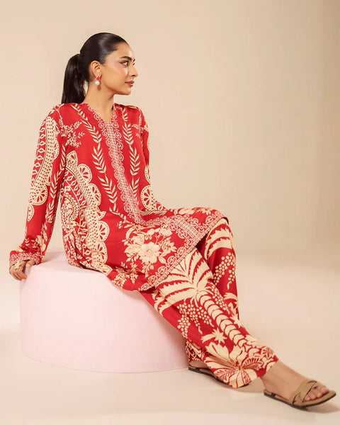 Printed Deep Red & Beige Silk Lawn 2 Piece Co-Ord | Essentials | ESS05