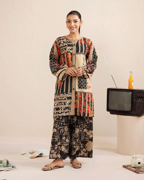Printed Beige & Black Silk Lawn 2 Piece Co-Ord | Essentials | ESS06