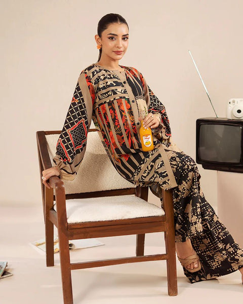 Printed Beige & Black Silk Lawn 2 Piece Co-Ord | Essentials | ESS06