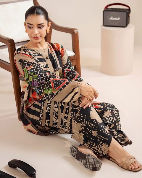 Printed Beige & Black Silk Lawn 2 Piece Co-Ord | Essentials | ESS06