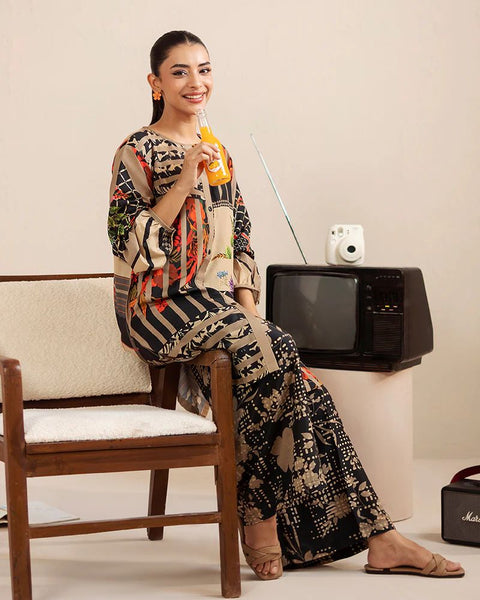 Printed Beige & Black Silk Lawn 2 Piece Co-Ord | Essentials | ESS06