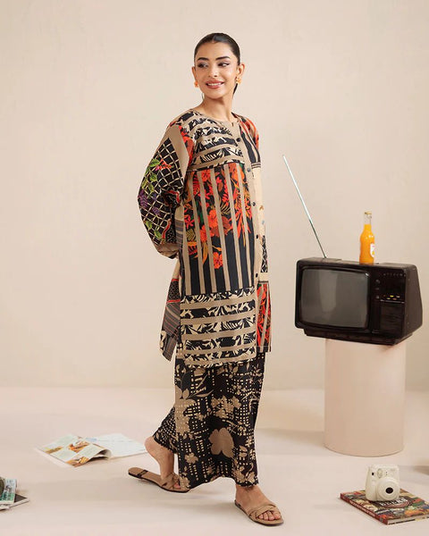 Printed Beige & Black Silk Lawn 2 Piece Co-Ord | Essentials | ESS06