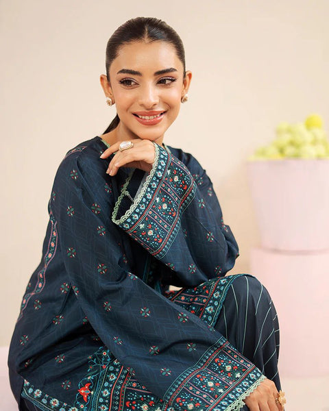 Printed Teal Silk Lawn 2 Piece Co-Ord | Essentials | ESS07