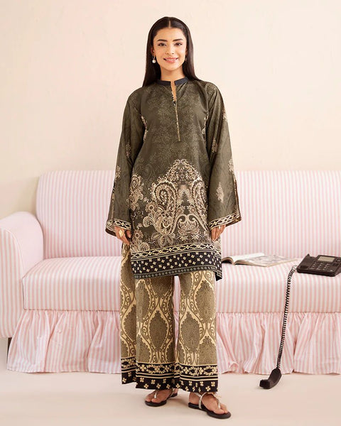 Printed Olive & Beige Silk Lawn 2 Piece Co-Ord | Essentials | ESS08