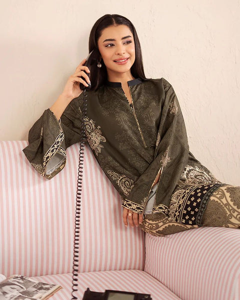 Printed Olive & Beige Silk Lawn 2 Piece Co-Ord | Essentials | ESS08