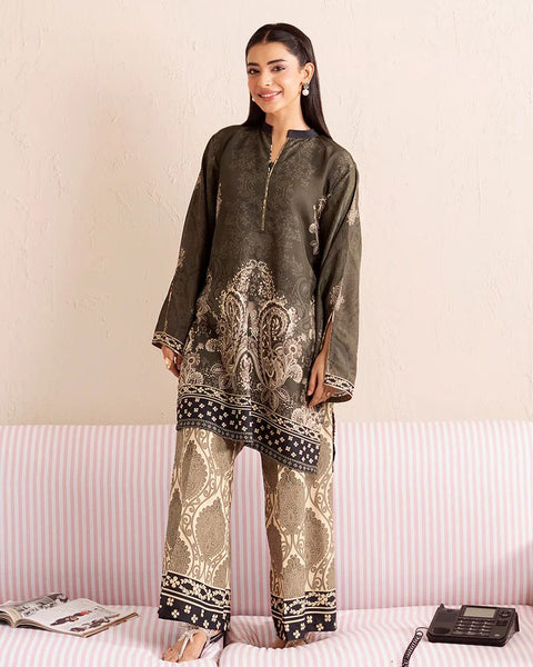 Printed Olive & Beige Silk Lawn 2 Piece Co-Ord | Essentials | ESS08