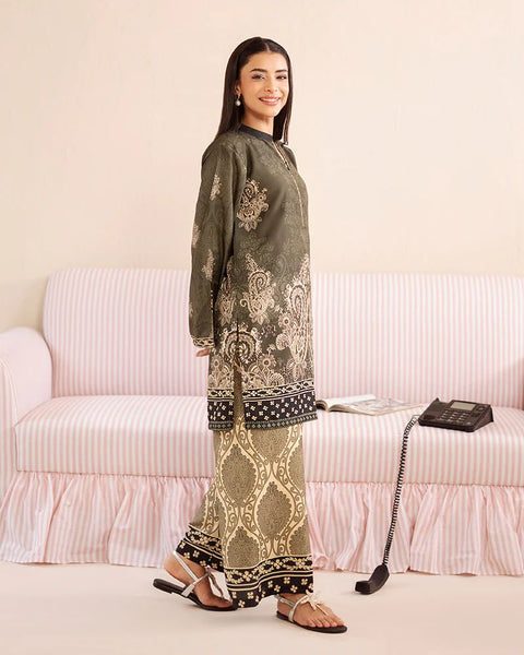 Printed Olive & Beige Silk Lawn 2 Piece Co-Ord | Essentials | ESS08