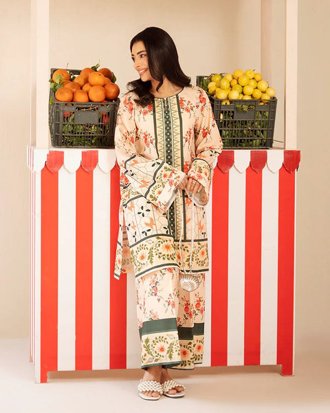 Printed Cream & Green Silk Lawn 2 Piece Co-Ord | Essentials | ESS09
