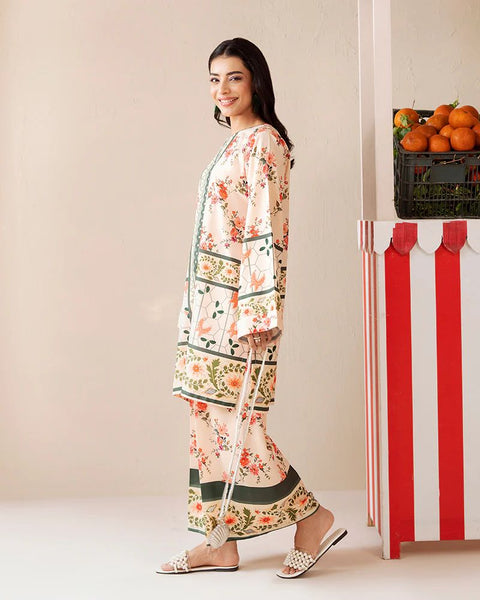 Printed Cream & Green Silk Lawn 2 Piece Co-Ord | Essentials | ESS09
