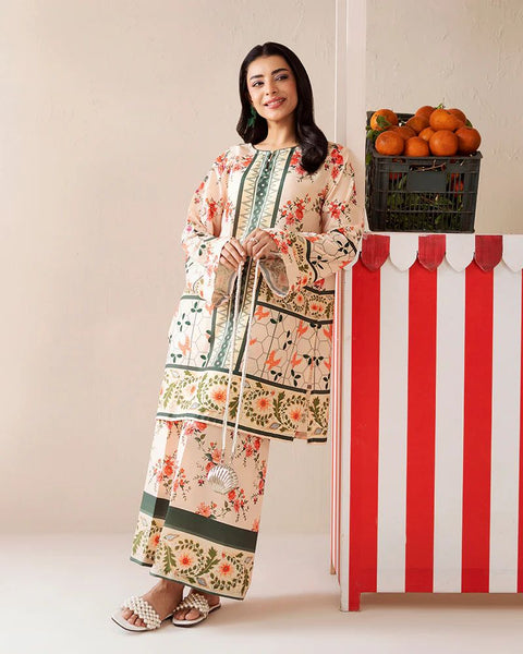 Printed Cream & Green Silk Lawn 2 Piece Co-Ord | Essentials | ESS09