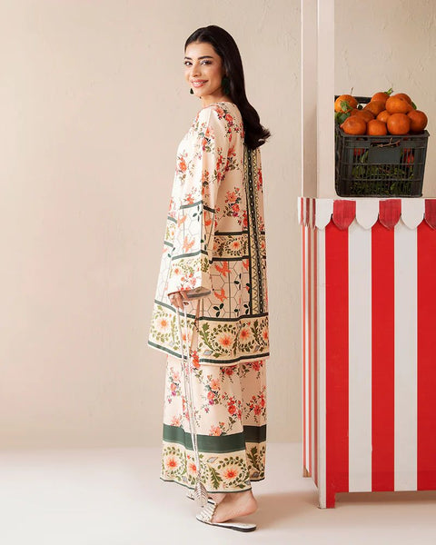 Printed Cream & Green Silk Lawn 2 Piece Co-Ord | Essentials | ESS09