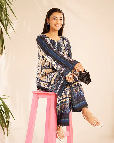 Printed Ivory & Navy Silk Lawn 2 Piece Co-Ord | Essentials | ESS10
