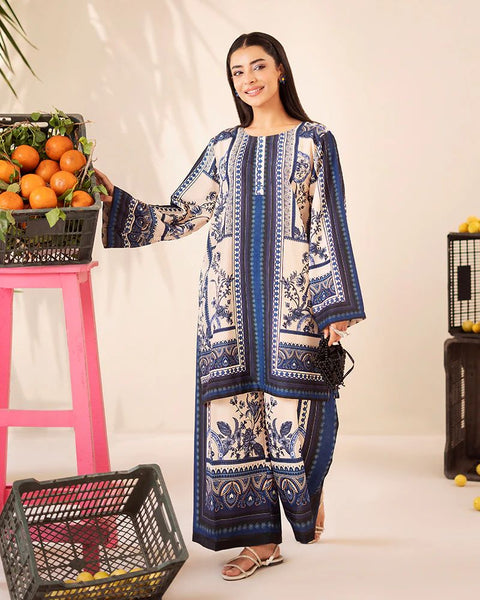 Printed Ivory & Navy Silk Lawn 2 Piece Co-Ord | Essentials | ESS10
