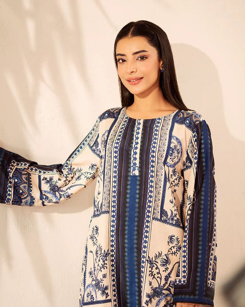 Printed Ivory & Navy Silk Lawn 2 Piece Co-Ord | Essentials | ESS10