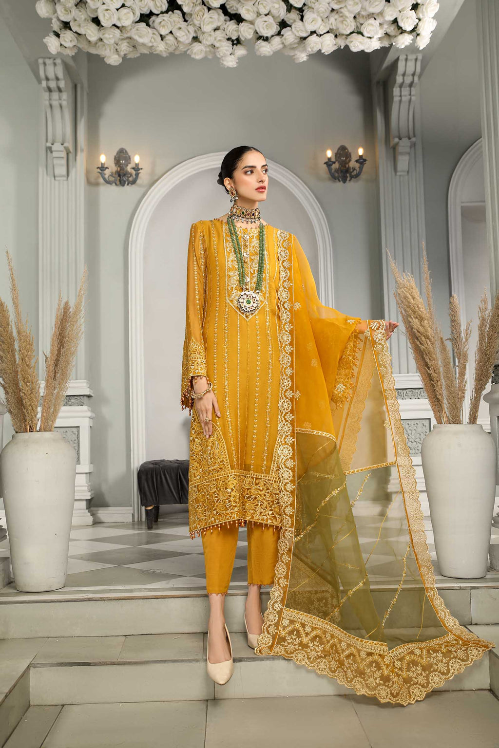 Mustard Embroidered Chiffon 3 Piece Suit | Maan Mayal | Falak