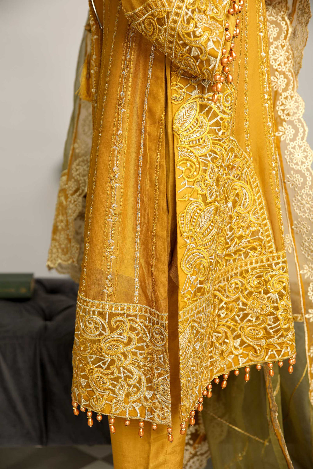Mustard Embroidered Chiffon 3 Piece Suit | Maan Mayal | Falak