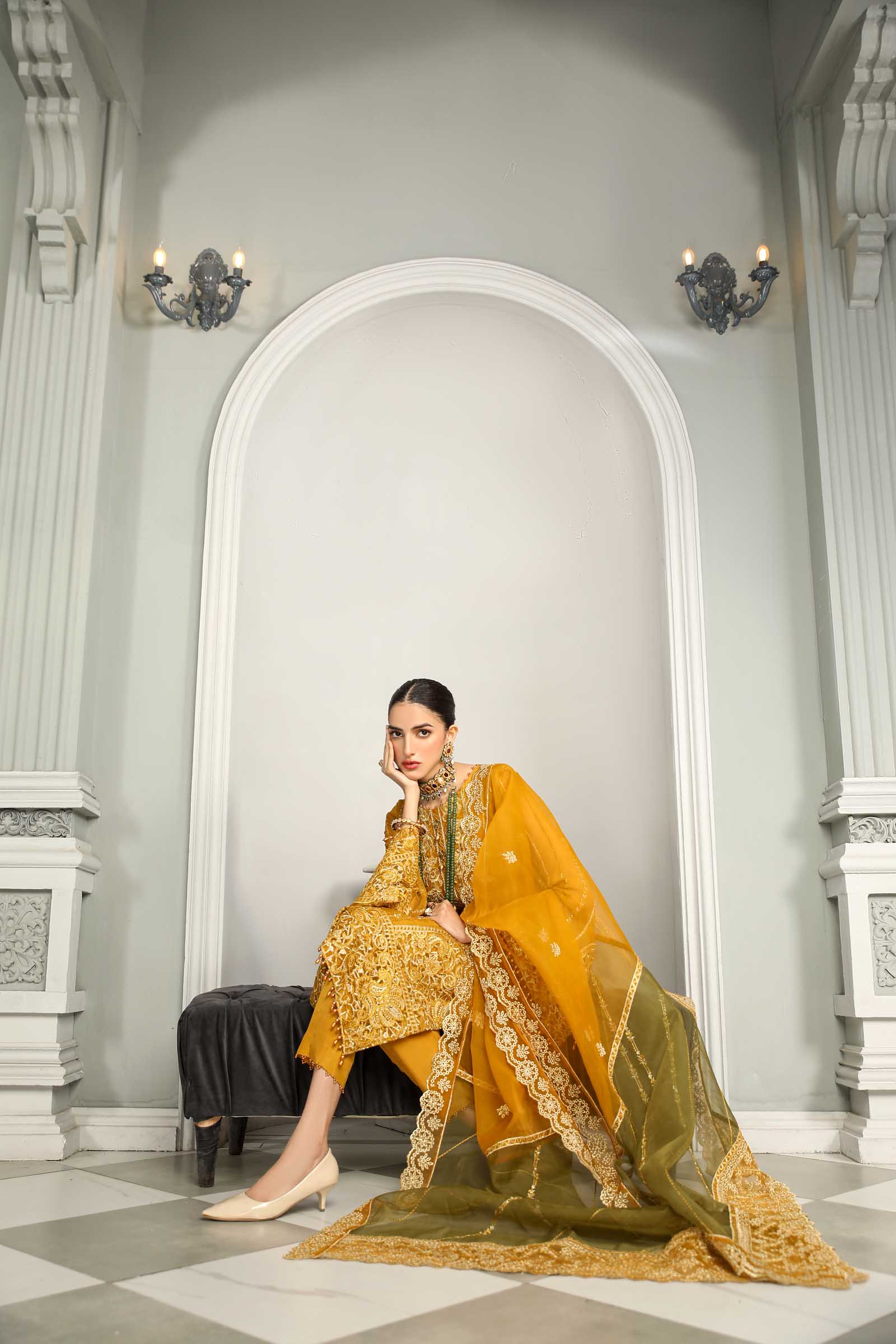 Mustard Embroidered Chiffon 3 Piece Suit | Maan Mayal | Falak