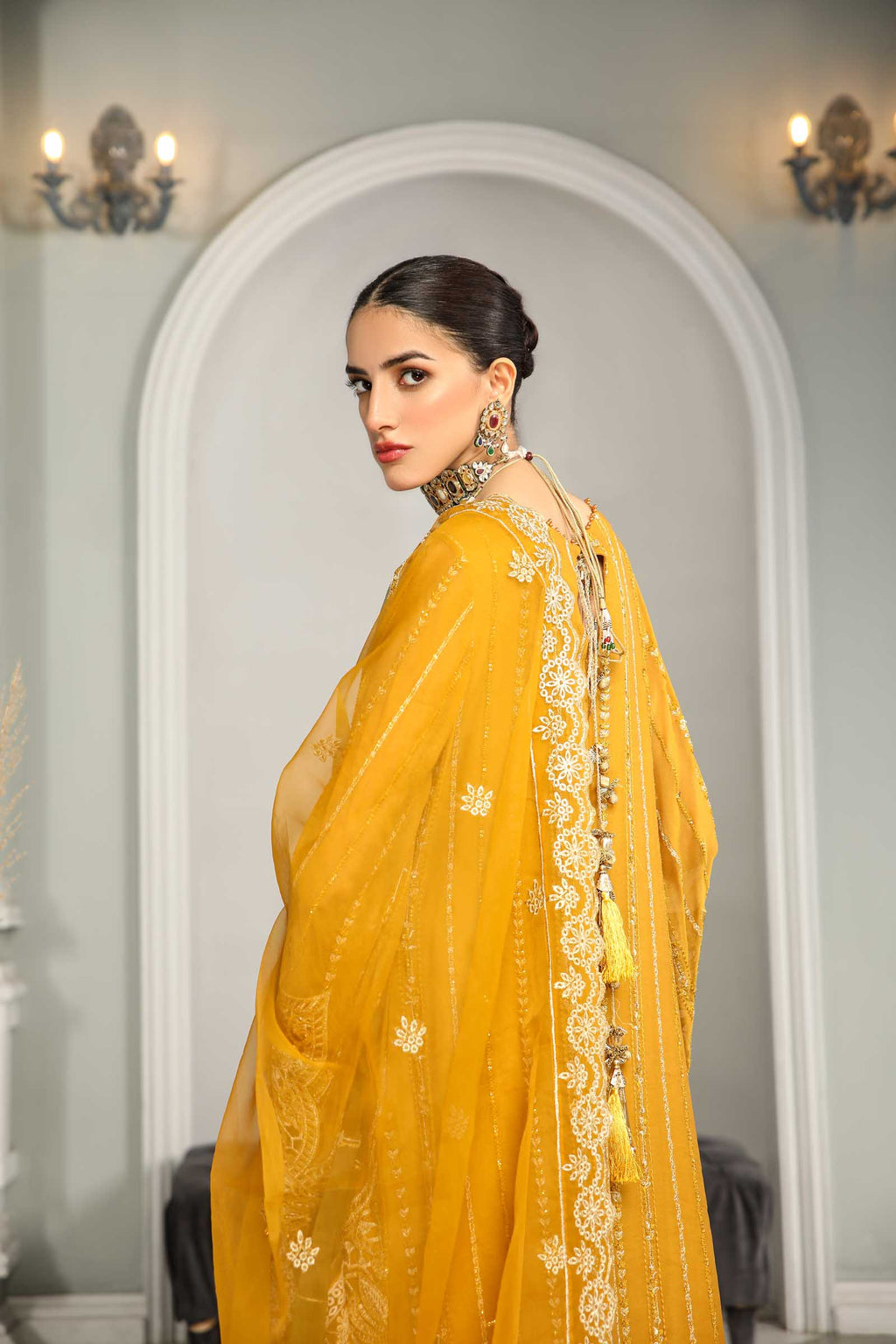 Mustard Embroidered Chiffon 3 Piece Suit | Maan Mayal | Falak