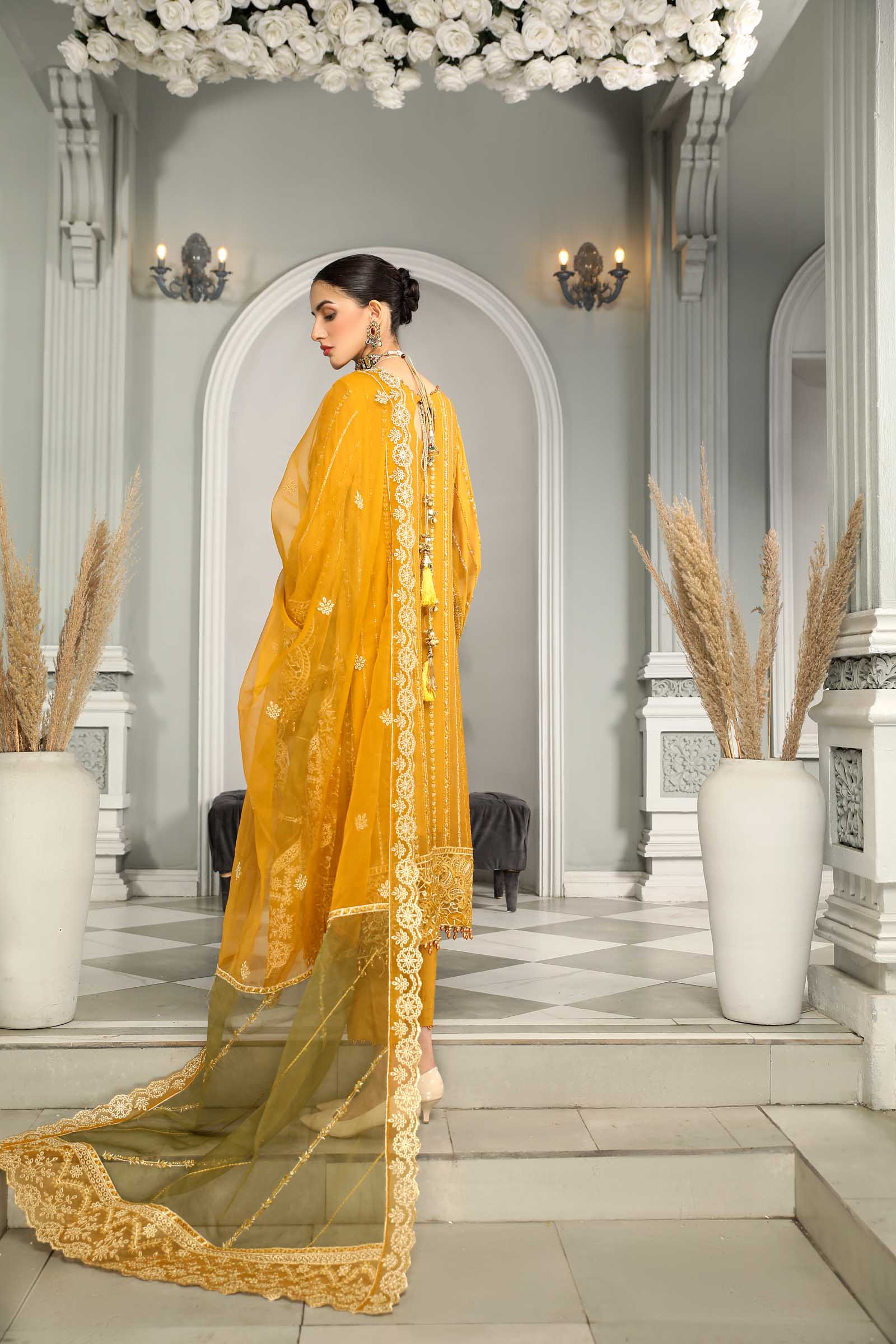 Mustard Embroidered Chiffon 3 Piece Suit | Maan Mayal | Falak