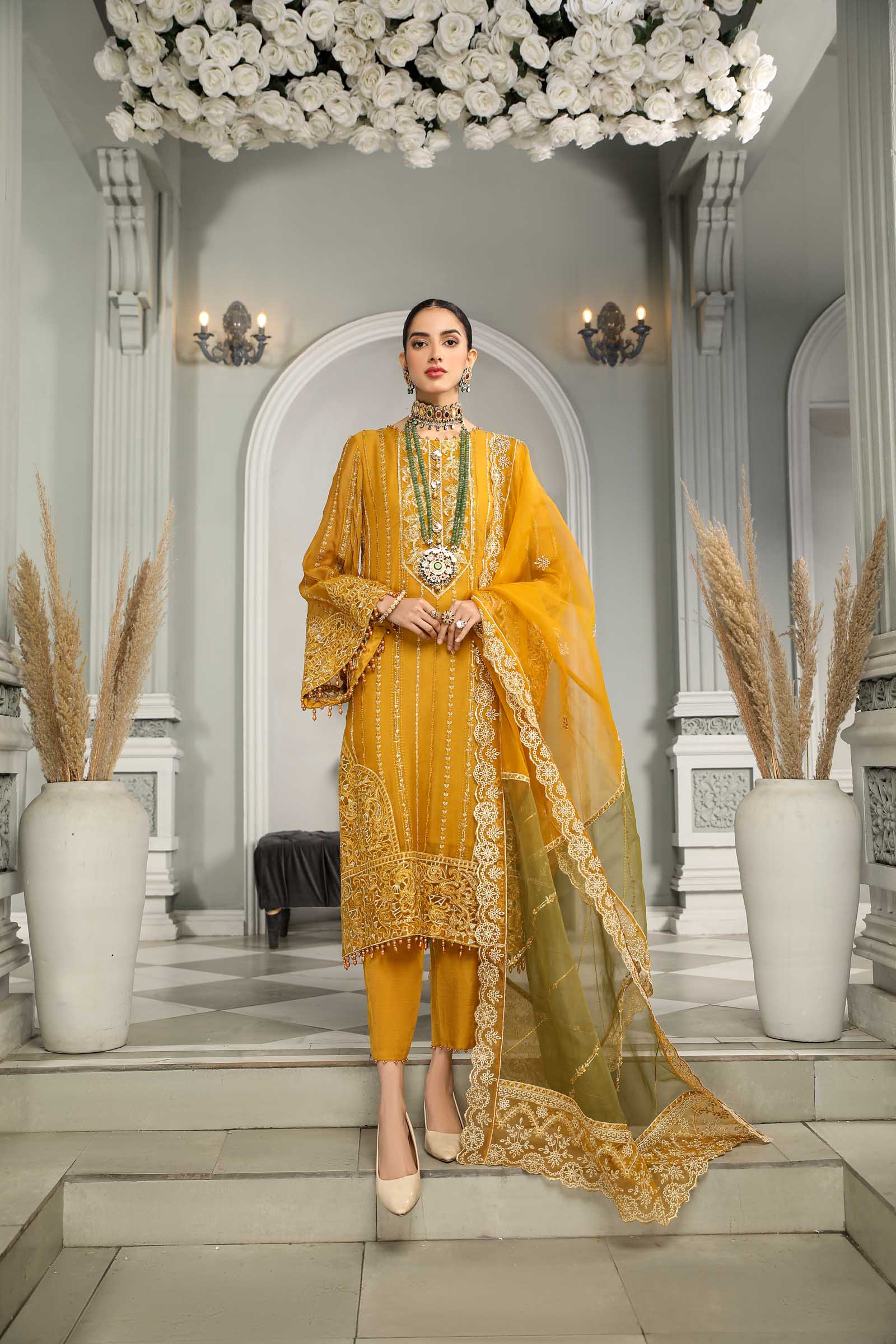 Mustard Embroidered Chiffon 3 Piece Suit | Maan Mayal | Falak